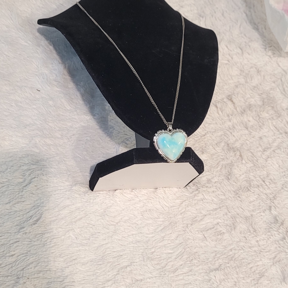 Silver Heart Pendant Necklace with Light Blue Opal Stone - Women Jewelry